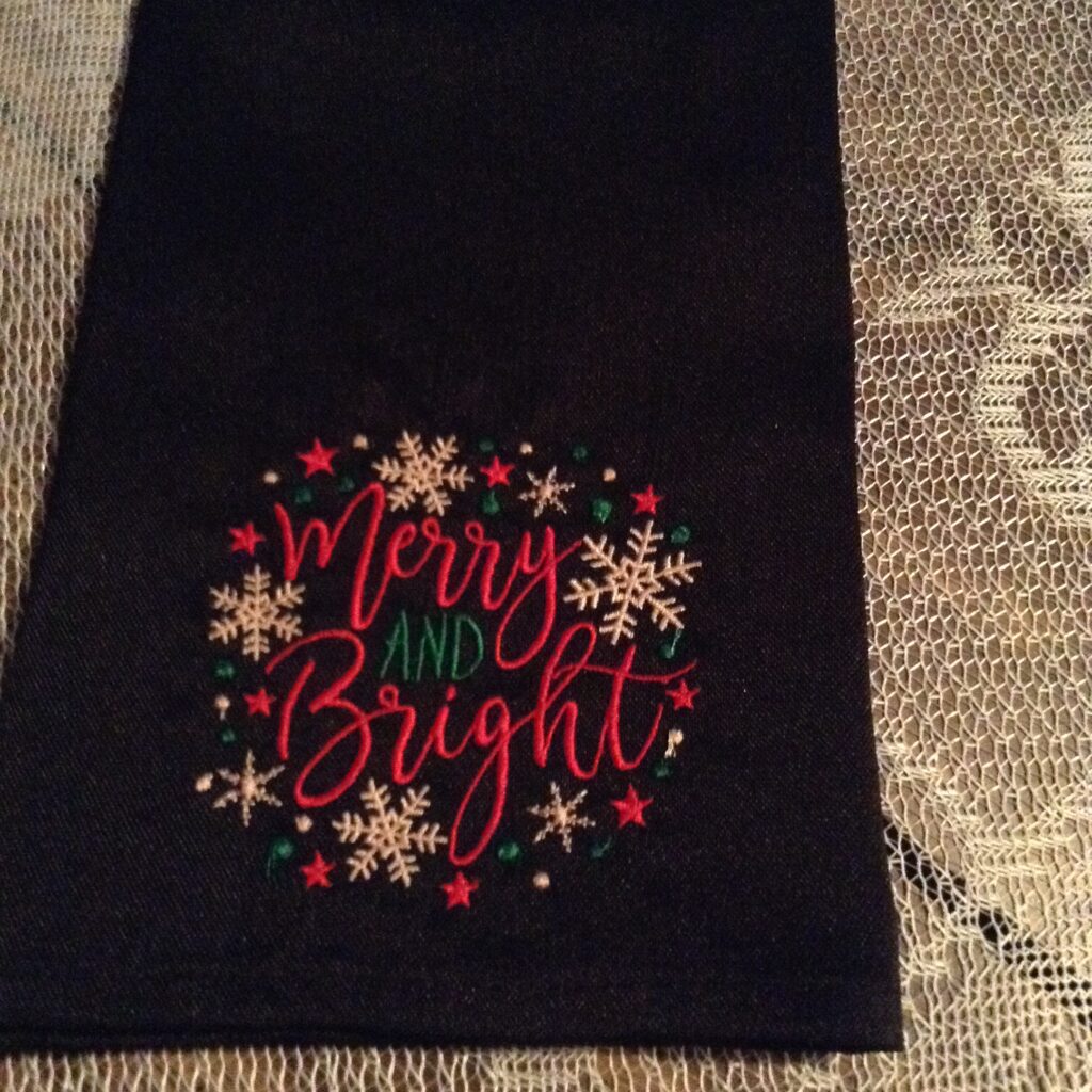 Personalizing and Customizing Your Sewing for the Holidays Projects.  Picture of embroidered napkin that I made.