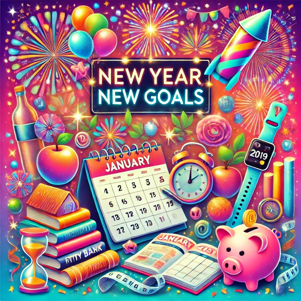 Resolutions. Colorful picture of calendars, fireworks bieng shot off, books, piggy bank, watcch, clock, fruit, and the workds NEW YEAR NEW GOALS.