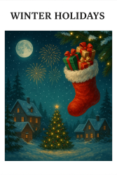Winter Holidays - Picture of community with houses with lights on, Christmas tree and stocking filled with gifts. Blue night background with moon and stars.